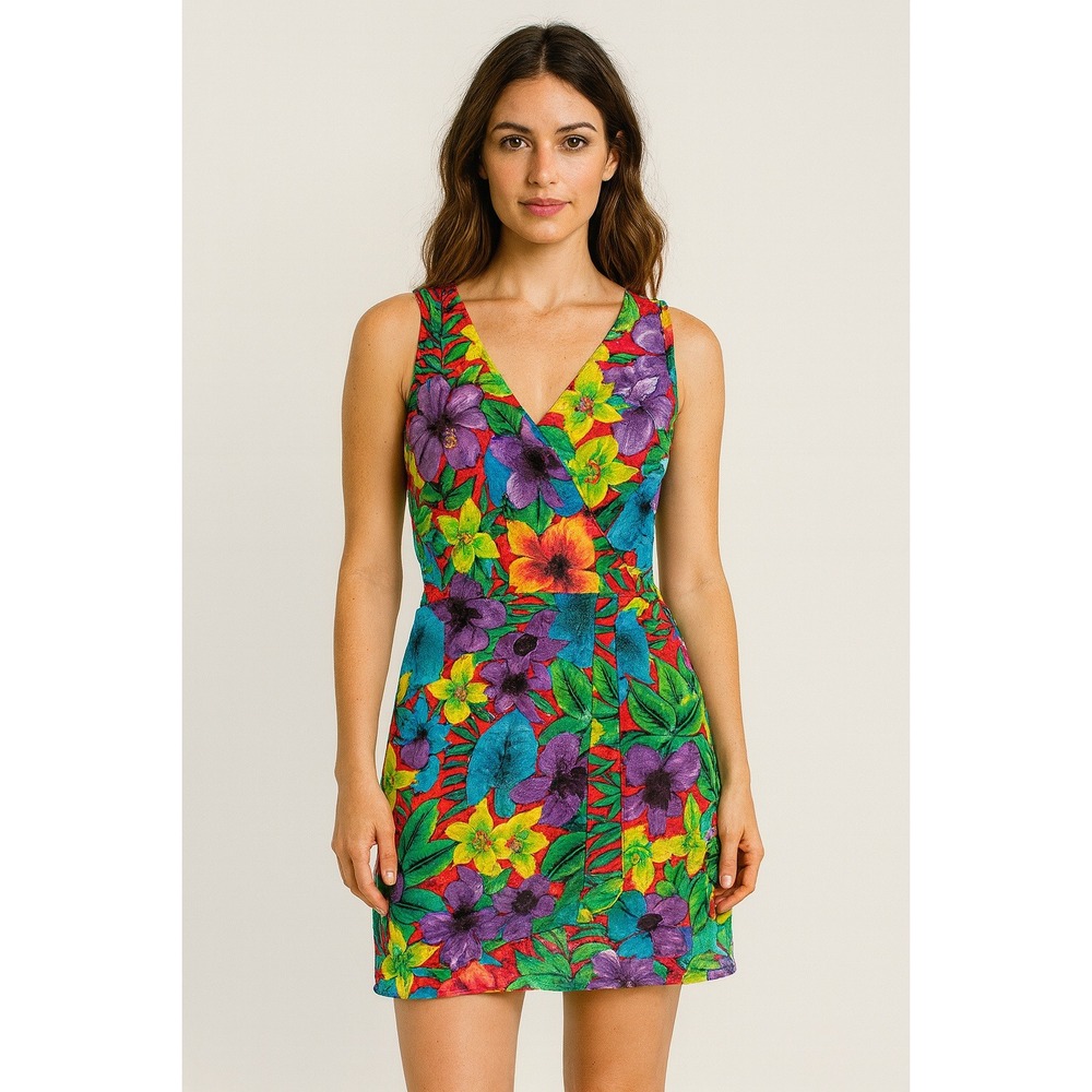 Vintage Tropical‎ Floral Print Sleeveless V Neck Wrap Dress